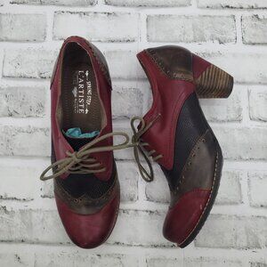 Spring Step L'Artiste Bardot Red Black Leather Heeled Oxfords Lace Up 9.5-10